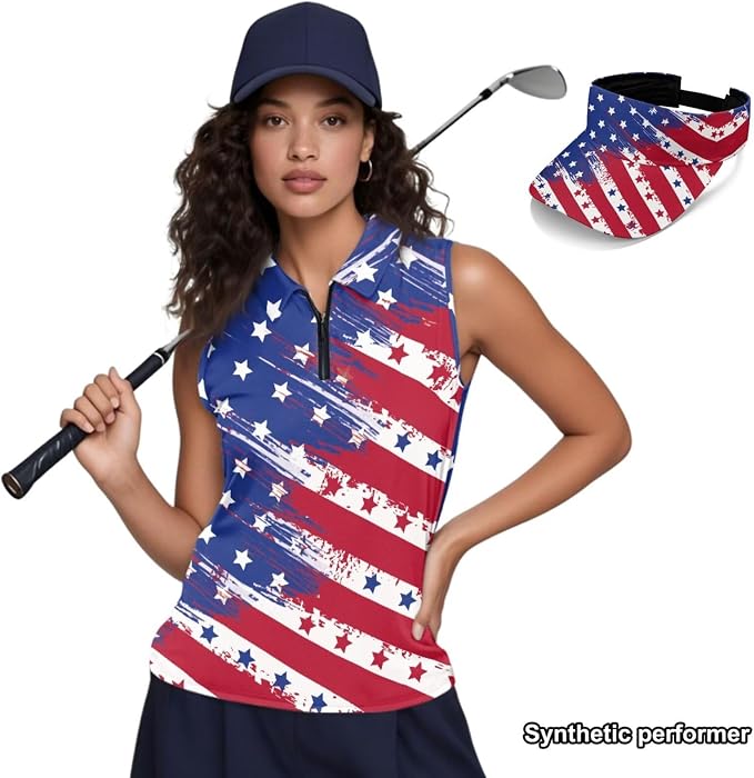POLERO Golf Tank Top Women Golf Shirts and Visor Hat Collared Racerback Tennis Shirt Set Quarter Zip