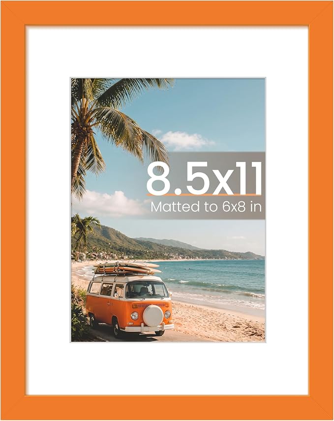 upsimples 8.5 By 11 Picture Frame, Display Pictures 6x8 with Mat or 8.5 x 11 Without, Wall Hanging Photo Frames, Orange, 1 Pack