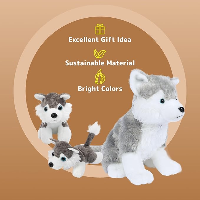 Plush Husky Dog with Zippered Pouch - Plushlings Collection - Soft Stuffed Animal Playset for Baby Boy, Girl, and Toddlers