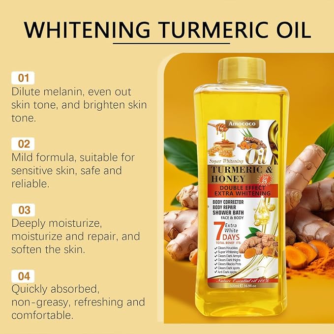 Turmeric & Honey Body Oil, Deep Moisturizing Treatment with Sweet Almond Oil, Vitamin E, and Collagen (16.9 fl oz)
