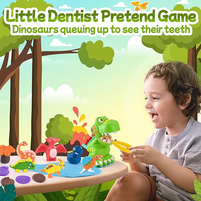 PLAY Dinosaur Clay Sets for Ages Kids 4-8 - Color Dough Toys with Dentist Play Set, 15 Dough Tool Set with Volcano, Dinosaur Footprint Roller and Tree, 2 oz Cans/6 Total, Multicolor