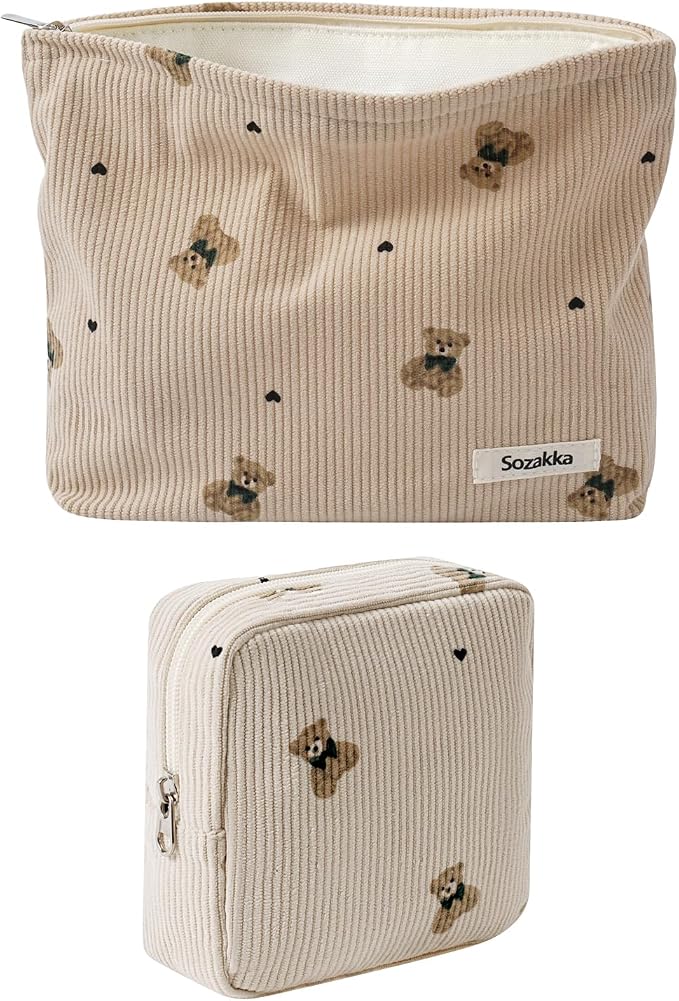 uekeboag 2Pcs Cute Small Soft Corduroy Zipper Makeup Bag for Purse, Coquette Aesthetic Pouch with Bear Pattern for Women Girls, Kawaii Travel Cosmetic Bags（Taupe Set）