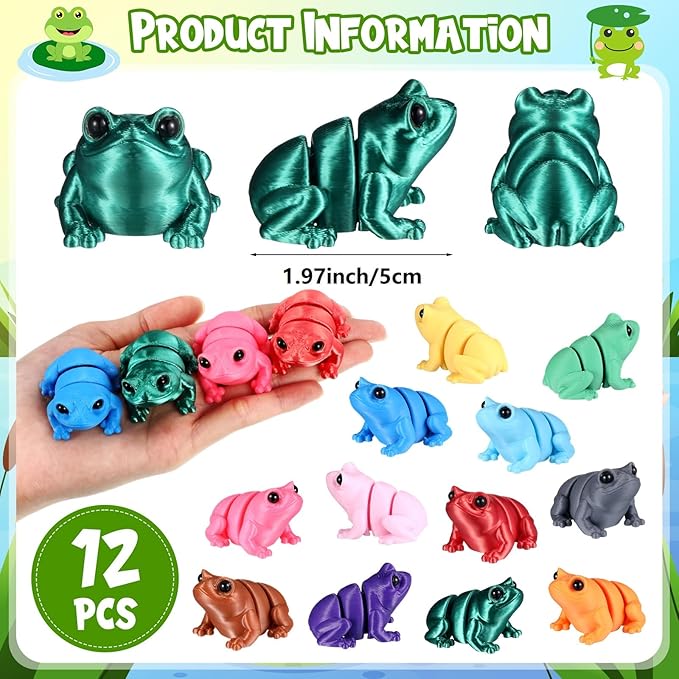 Honoson 12 Pcs 3D Printed Fidget Toy 3D Printed Cute Frog Small Animal Toy Flexible Cute Articulating Pet Stress Relief Fidget Toys for Play and Display(5cm)
