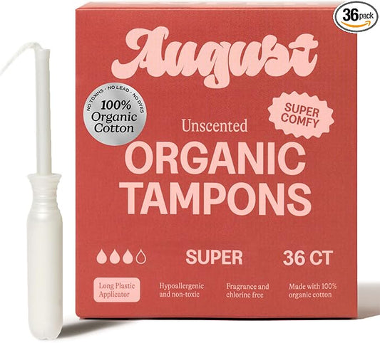 August Super Tampons - Easy-Glide Long Applicators - 36-Pack 100% Organic Cotton Tampons for Women, Non-Toxic, Fragrance-Free, and Hypoallergenic