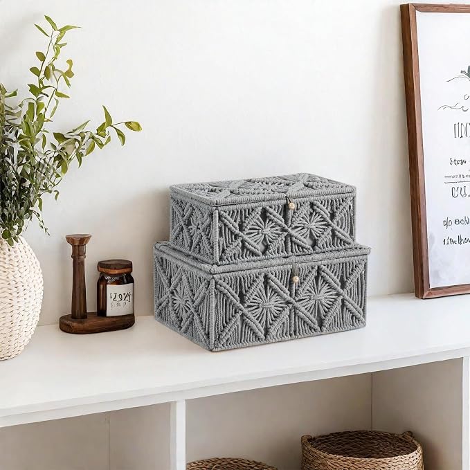 Decorative Boho Storage Baskets with Lid Natural Macrame Boxes | Handmade Cotton Rope Woven Bins, Shelf Desk Organizer Container for Jewelry Memory Keepsake Photo Makeup, Gray, Small