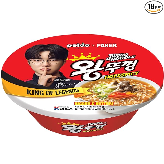 Paldo Fun & Yum x Faker Wang Ddukgeun Cup Noodles, Korean Imported, Hot & Spicy Flavor, Jumbo Size Ready-to-Eat Instant Noodles, 4.23oz 120g (Pack of 18) Esports Collaboration Pack