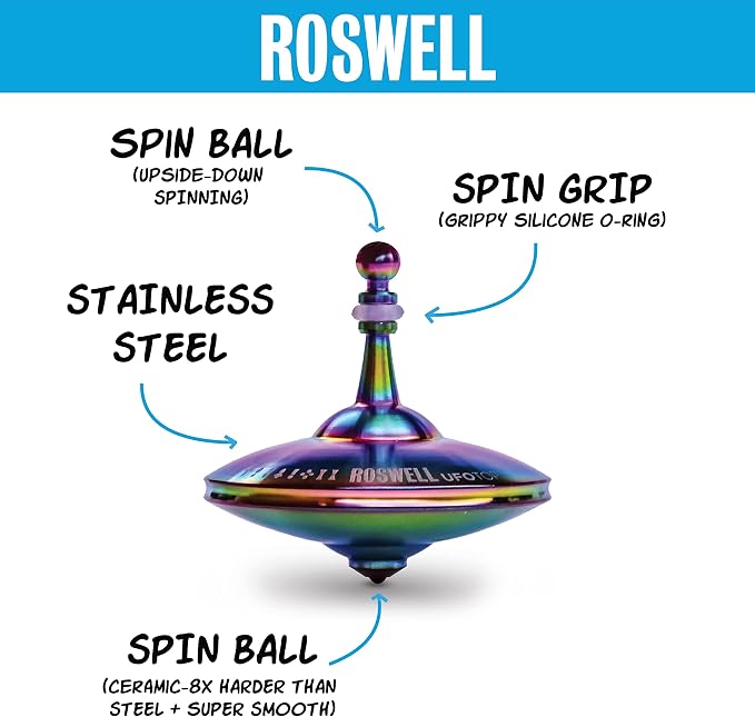 UFO Tops - Roswell - Metal Spinning Top - Inspired by The Documented 1947 UFO Sighting in Roswell, New Mexico (Color: Psychedelic Steel)