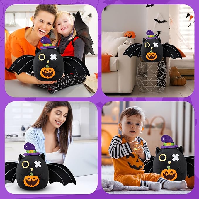 Halloween Black Bat Plush Pillow Toy, 10-inch Super Soft Cute Bat with Big Wings and Pumpkin Stuffed Animals for Kids Adult