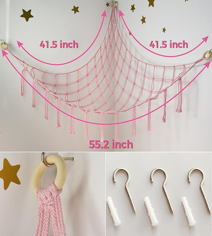 Large Stuffed Animal Storage Hammock Corner Net - Pink Room Decor for Teen Girls - Toys Storage Hanging Stuff Animal Organizer Holder Cute Stuff - Boho Nursery Dorm Bedoom Decor Aesthetic
