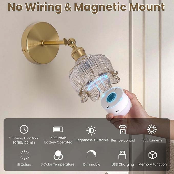 Vintage Battery Operated Wall Sconces: Set of 2 Rechargeable Wireless Decor | 5000mAh Cordless Dimmable Lights Remote Control, Antique Brass Powered Sconce, Cognac Flower Glass Light for Bedroom Bedside