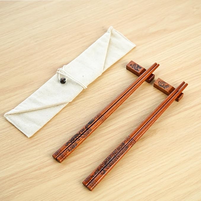 Dragon & Phoenix Wooden Chopsticks Set, Hand-Carved, 2 Pairs | Food-Safe, Non-Toxic, Reusable, Non-Slip Grip, 9 Inch, Elegant Gift Box, Sushi, Ramen, Hot Pot, Wedding, Housewarming