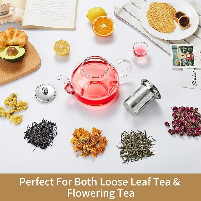 DOPUDO 39OZ (1150ML) Glass Teapot with Infuser Stovetop Safe, Clear Glass Tea Pot Kettle, Borosilicate Tea Pot with Infusers Filter for Loose Tea, Tea Kettle Dishwasher Safe