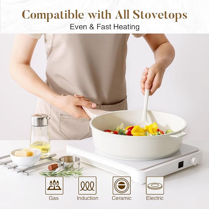 Kordisen Nonstick Ceramic Deep Frying Pan, 12 Inch Non Toxic Large Skillet with Lid, 5 Qt Healthy Jumbo Cooker, Saute Pan for Cooking, Induction Cookware, PFOA & PFAS Free (Cream)