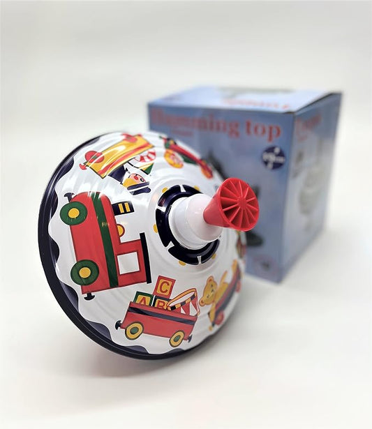 Classic Music Box Spinning Tin Top Toy from KsmToys by Bolz. The Funny Buzzing Hum Gets Louder As The Top Spins Faster, 7.5" x 7.5" x 7.5" Ages 18 m+