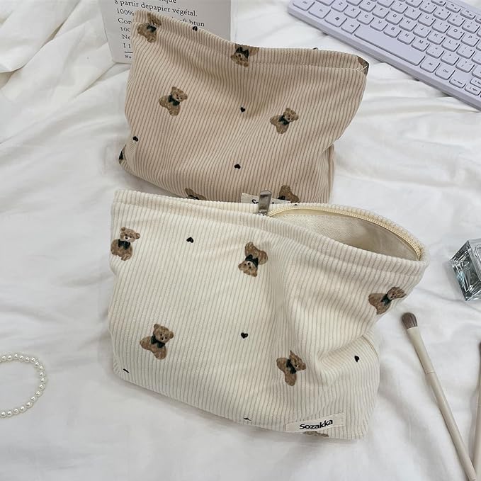 Cute Small Soft Corduroy Zipper Makeup Bag for Purse, Coquette Aesthetic Pouch with Bear Pattern for Women Girls, Kawaii Travel Cosmetic Bags（03Beige）