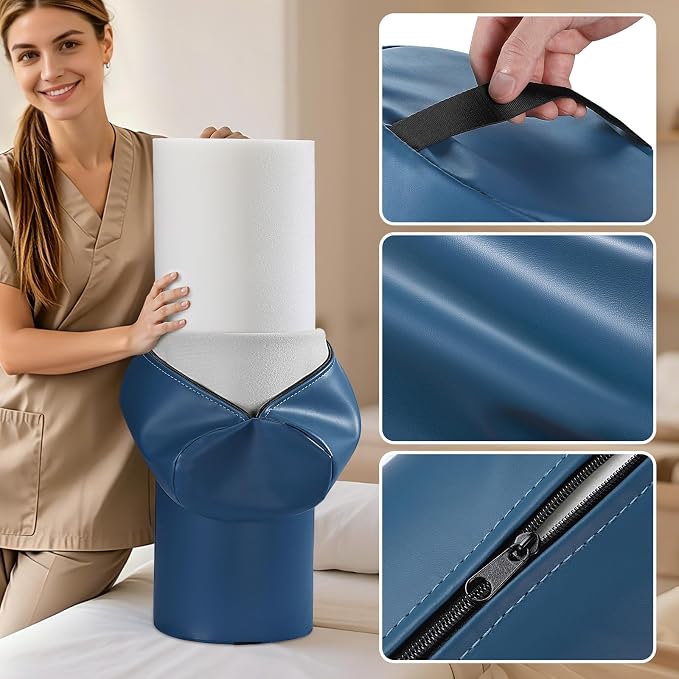 PU Leather Round Bolster Pillow, 26 x 9 Inch Massage Bolsters for Under Legs with Strap Handle Massage Knee Pillow, Exercise Bolster for Legs Massage Table Roll Pillow Leg Bolster for Massage Table