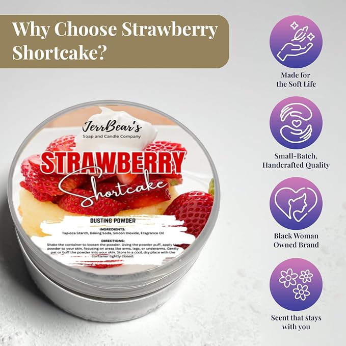 Strawberry Shortcake Dusting Powder for Women 4oz Jar | Talc Free Body Formula, Soft Scented Skin Care, Gentle Powder for Daily Freshness, Includes Puff Application