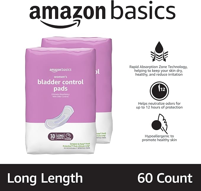 Amazon Basics Incontinence Pads for Women, Long, Bladder Control, Postpartum, Ultimate Absorbency, Unscented, with Odor Control, 60 Count (2 Packs of 30)