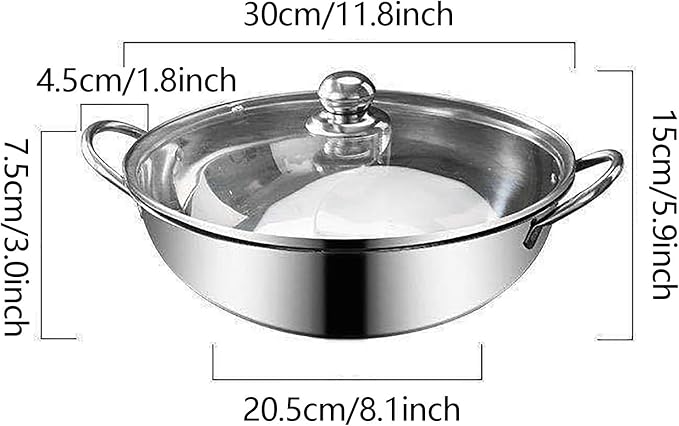 Shabu Shabu Hot Pot 12" Stainless Steel Hot Pot Pot with Glass Lid, Dual Side Split Pot Korean Ramen Pot for Induction Cookers, Gas Stoves, Electric Stoves, Ceramic Stoves
