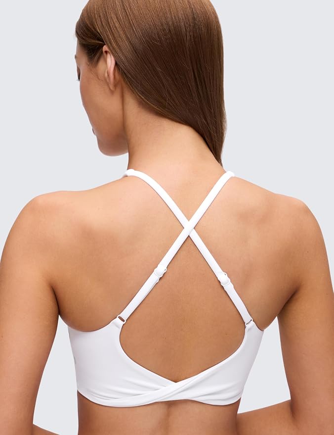CRZ YOGA Butterluxe V Neck Twist Cross Back Sports Bras for Women - Adjustable Spaghetti Straps Padded Crop Yoga Top