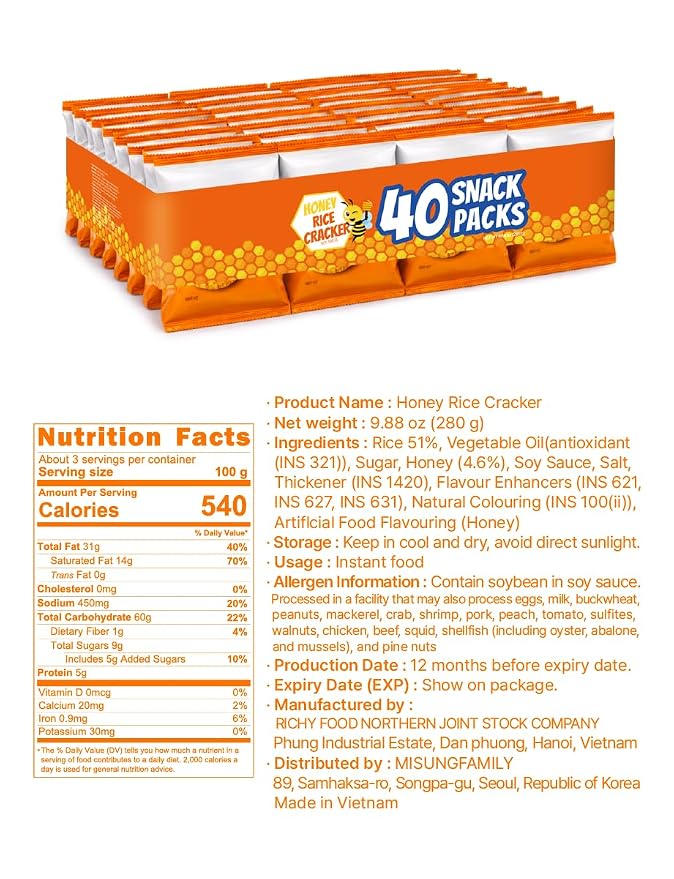 Crispy Honey Snow Flower Rice Crackers, Individually Wrapped Korean Rice Snacks, Crunchy Sweet Rice Crackers, 40 Pack
