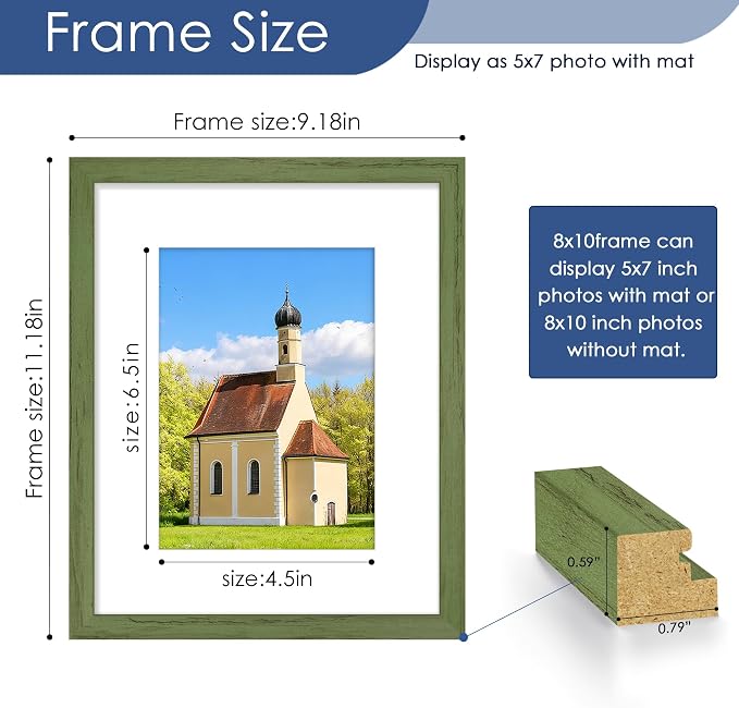 8x10 Picture Frame, Wall or Tabletop Display, Green Woodgrain,6 Pack | Display Pictures 5x7 with Mat or 8x10 Without Mat, Horizontal or Vertical, Gallery Wall Frame Set, Wedding Birthday Gifts