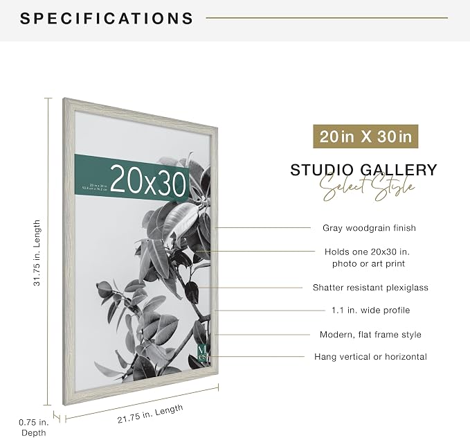 MCS Studio Gallery 20x30 Poster Frame Gray Woodgrain Engineered Wood, Vertical & Horizontal Wall Hanging Large Picture Frame for Photos, Posters & Art Prints (1-Pack)