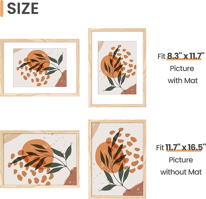 upsimples A3 Picture Frame, Display Pictures 8.3x11.7 with Mat or 11.7 x 16.5 Without, Wall Hanging Poster Frames, Natural Style, 1 Pack