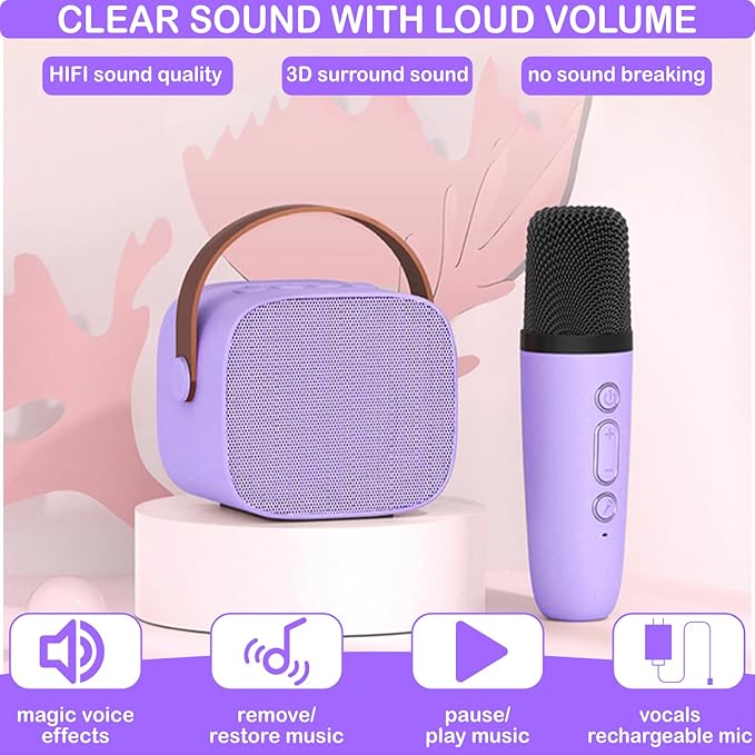 Mini Karaoke Machine for Kids & Adults, Kids Toys for Girls & Boys Gifts, Bluetooth Speaker with 1 Wireless Microphone for Kids Adults Toddler Girls Home Party Birthday Gifts Purple