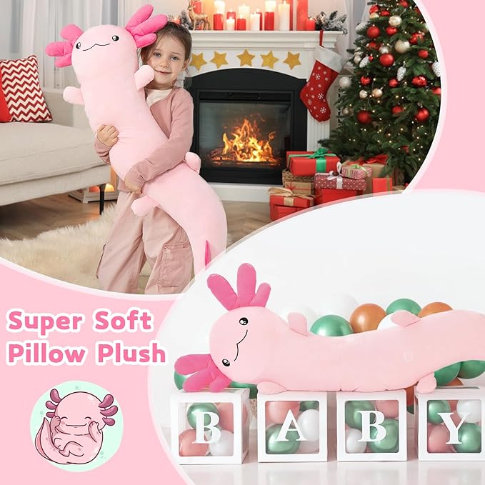 MaoGoLan Giant Axolotl Plush Body Pillow for Girls, Hot Pink Axolotl Stuffed Animal for Kids Adults, Large Salamander Plush Glow in The Dark, Holiday Birthday Christmas Valentines Gifts