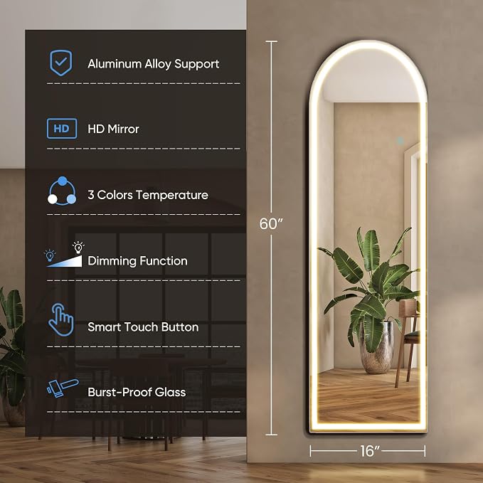 OLIXIS 16"x 60" Arched Full Length Mirror with Lights, LED Body Mirror | with 3 Color Lighting, Wall Mounted Mirrors for Bedroom, Home, Entryway with Tempered Glass