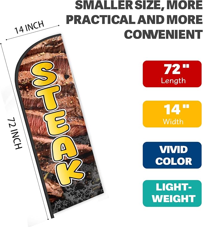 Steak Feather Flag for Storefronts Fairs,6 FT (Flagpole Not Included) | Business Advertising Flag
