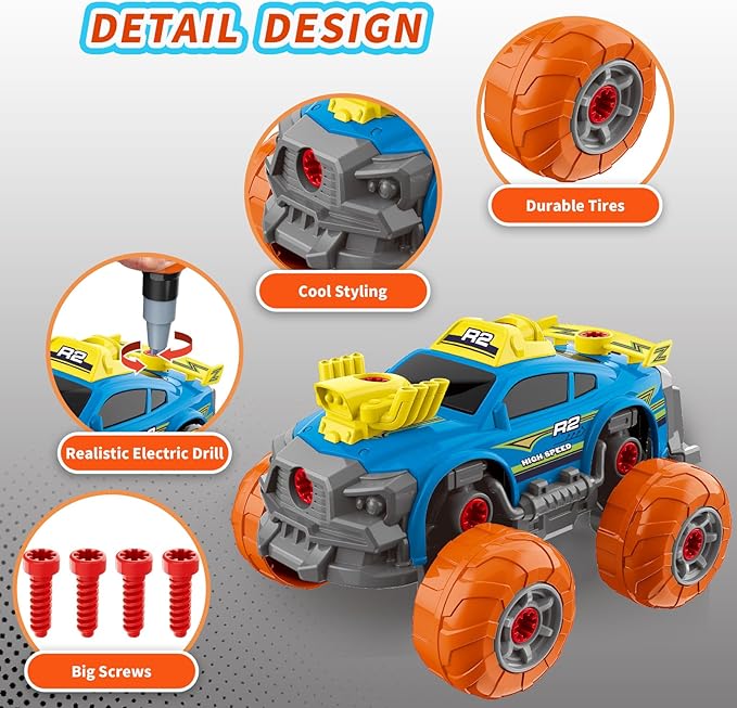 Pup Go 3-in-1 Construction Car for Boys Ages 3+ Years Old, Take Apart Car with Electric Drill, 46 Pcs Cars Building Kit, Build Your Own Toy Cars with Tools, Ideal STEM Present for Kids Children(Blue)
