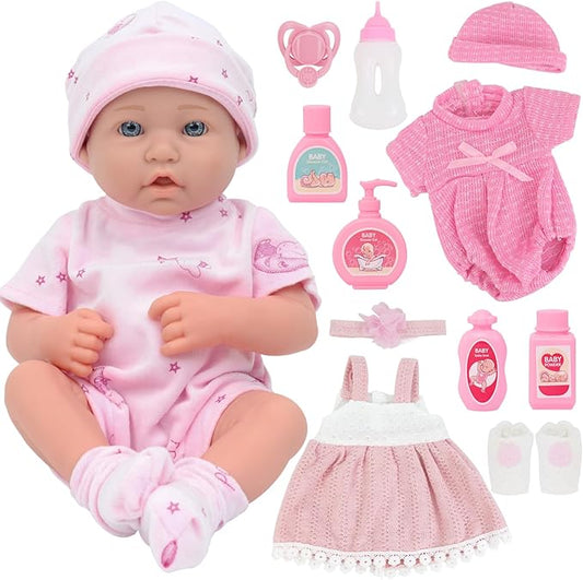 UNICORN ELEMENT 14 Inch Reborn Baby Girl Doll with Baby Doll Clothes and Accessories, Reborn Vinyl Body 14” Dolls Playsets, with Pacifier, Feeding Bottle Etc,Gift for Girls Toddlers 3+