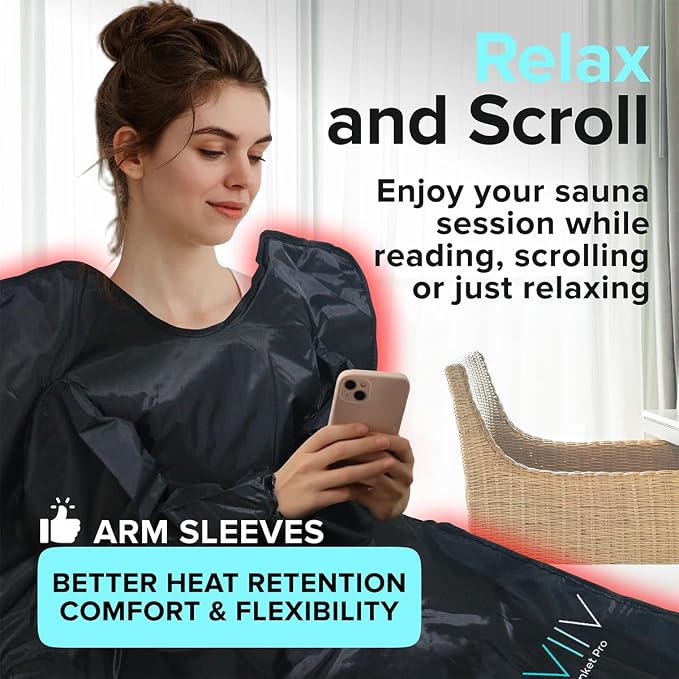 Portable Sauna Blanket with Arm Sleeves - v2.0 Improved Features! 6 ft x 3 ft Far Infrared Sauna Blanket for Detoxification with 10x Bonus Thermal Blankets - Saunas for Home, 113-176℉
