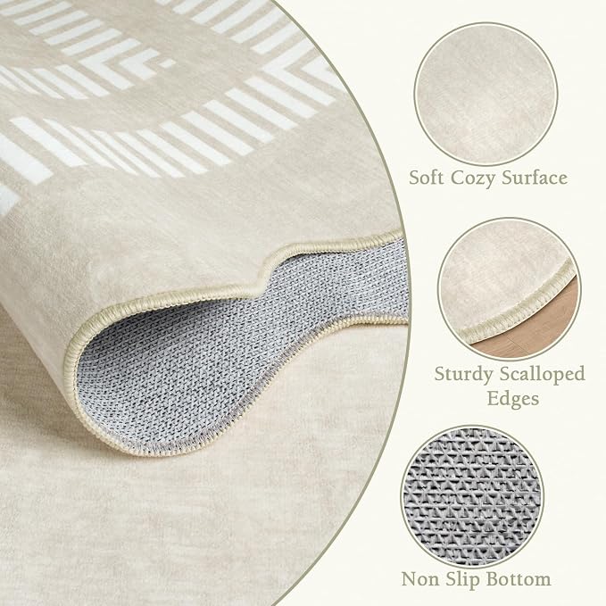 Scalloped Washable 9x12 Area Rugs for Living Room, Ivory Ultra-Thin Bedroom Rug Non-Slip Dining Room Rugs, Soft Indoor Low Pile Carpet for Nursery Kids Room Office