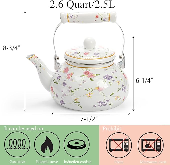 Jucoan Vintage Enamel Tea Kettle, 2.6 Quart Floral Enamel Water Kettle Teapot with Porcelain Handle for Stovetop Home Kitchen Camping, Housewarming Wedding Bridal Shower Mother's Day