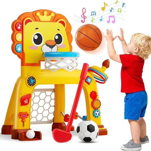 4-in-1 Toddler Basketball Hoop & Soccer Goal and Golf Toys, Interactive Lion Musical Sports Toys with Light for 1 2 3 Year Old Boys Girls, Baby Toy for 12-18 Months, Christmas Birthday Toy Gifts