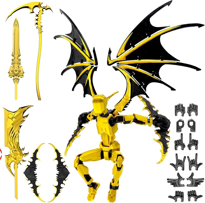 T13 Action Figure Already Assembled, Devil Wings Titan 13 Action Figure 3D Printed T13 Action Figures Set, T 13 Robo 13, Lucky 13, Gift for Dummy Collectors Desktop Decorations (Black Gold)