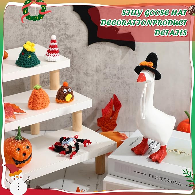 Geyoga 6 Pcs Mini Knitted Hats 7 Inch Goose Outfits Hat with Adjustable Strap Mini Porch Goose Headwear for Statue Key Holder