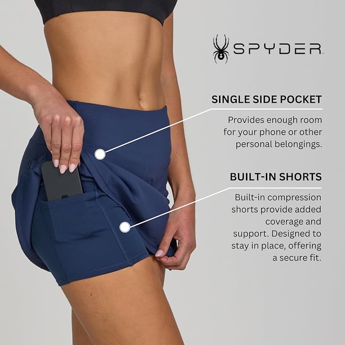 Spyder Skorts for Women - Built-in Shorts, Skirt for Golf Tennis Pickleball | Stretch fabric; true to size; inner shorts liner; lightweight; breathable; ideal for gym, running, yoga, hiking, work outs