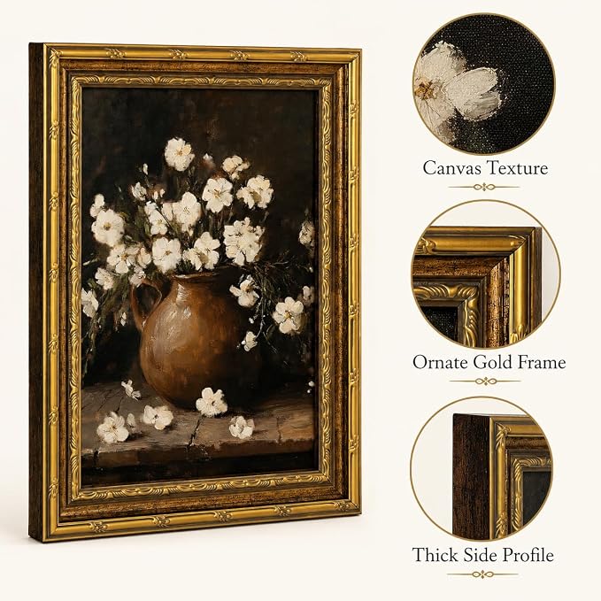 Vintage White Flower Canvas Wall Art,Gold Framed Floral Wall Decor16x12in | Antique White Flower Picture Artwork For Cottagecore Living Room, Bedroom and Entryway and Gallery Wall