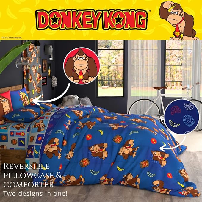 Collectibles Nintendo Donkey Kong Gaming Bedding 7 Piece Super Soft Reversible Comforter and Sheet Set with Sham, Queen, (Officially Licensed Product) By Franco