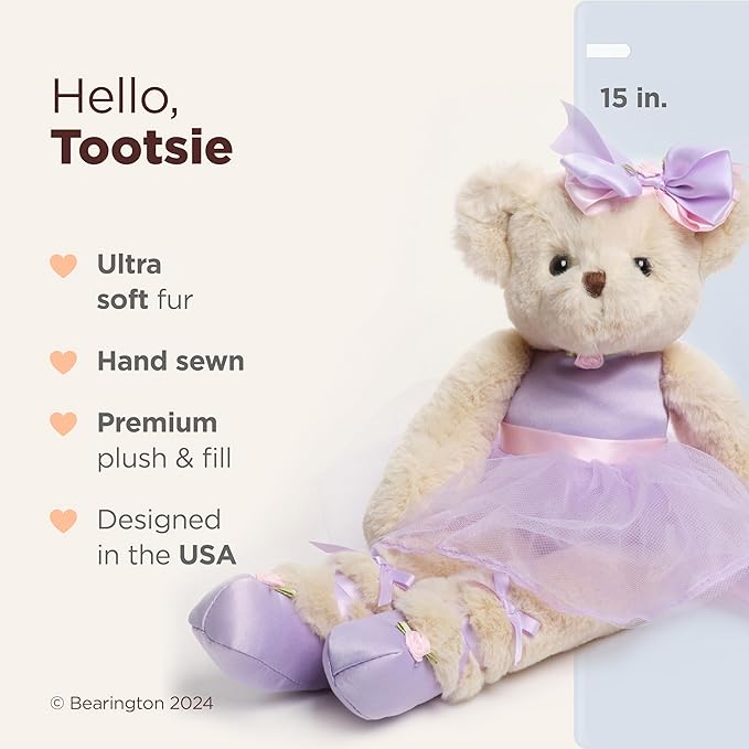 Bearington Collection Ballerina Themed Stuffed Animal - Ballet Doll - Dance Recital Gifts for Girls - Bear Tootsie - 13"