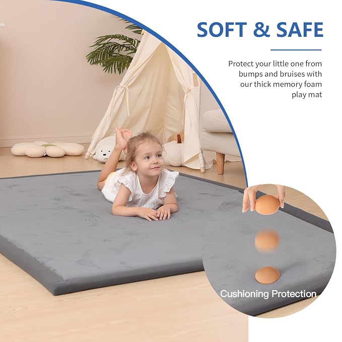 Baby Play Mat for Floor,1.3" Thick Memory foam Tummy Time Mat for Toddlers,Infants,kids,Water-Repellent Soft Nursery Rug,Extra Large Non Slip for Crawling&Yoga,Tatami Style for Living Room(Dark Grey)