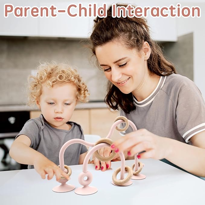 Baby Sensory High Chair Suction Toys for Infant Toddlers 12 18 Months, Food Grade Silicone String with Oak Loop Montessori Educational Parent-Child Baby Bath Toy Gift for Birthday Christmas(Pink)