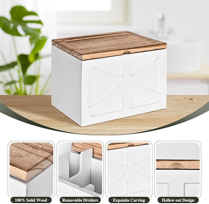 Tampon holder for bathroom，Feminine Product Organizer With Lid，Wood Tampon storage(White)