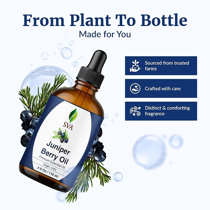 SVA Juniper Berry Essential Oil 4 Fl Oz – for Diffuser, Skin & Hair Care – Ideal for Massage & DIY Blends - with Dropper