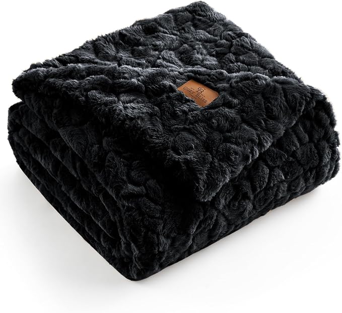 Cozy Bliss Faux Fur Throw Blanket for Couch, Fuzzy Soft Plush Thick Warm Fluffy Reversible Wave Textured Blanket for Sofa Bedroom Living Room, 55 * 70 Inches Black