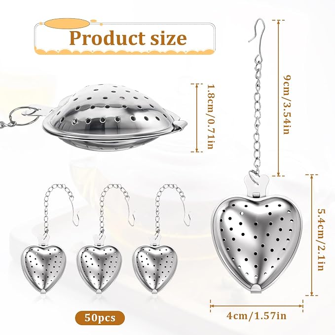 50 Pcs Tea Strainer Stainless Steel Ball Infuser Mesh Heart Shaped Tea Strainer Loose Leaf Steeper Interval Diffuser with Extended Chain Hook Tea Filters for Seasonings Cup Bottle